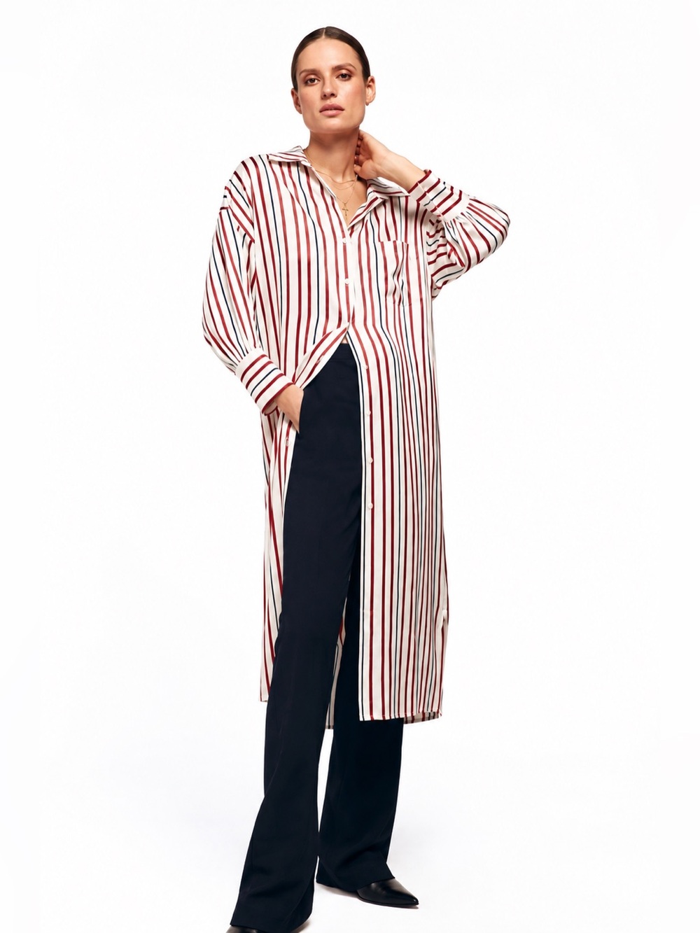 Anine Bing Milly Silk Striped Shirt Dress XS Ivory Red